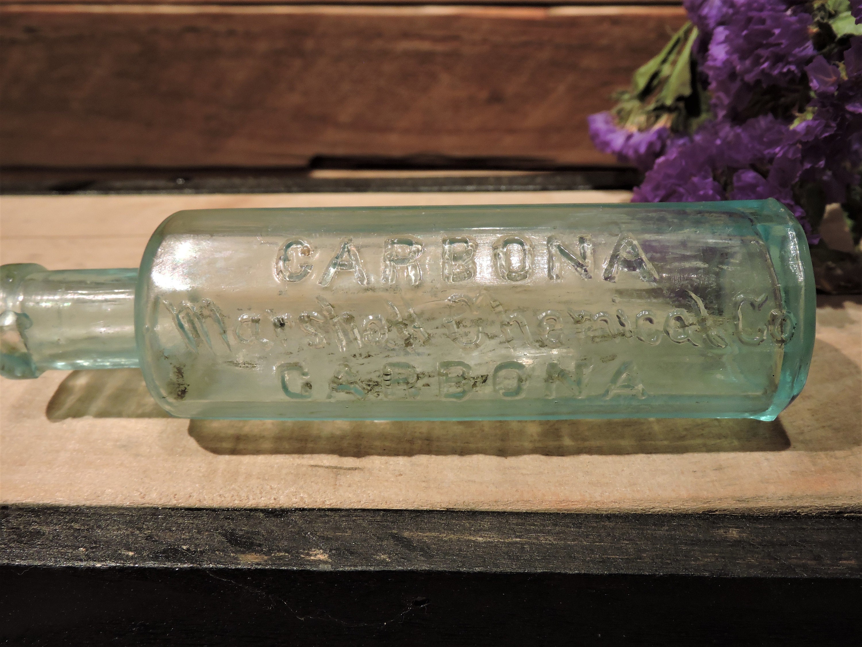 Antique 1930s Carbona 9 Oz Cleaning Fluid Aqua Bottle W/original Label Nyc  Ny 