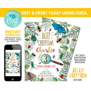 Invitación a la fiesta de cumpleaños de Bug & Insect Creepy Crawly / Edite usted mismo plantilla personalizada de Corjl / Descarga instantánea