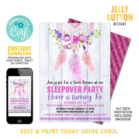 slumber party invitation sleepover invitation pyjama party invitation teenager party invite dream catcher invitation sleepover party teenage sleepover invitations