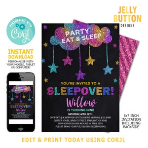 Sleepover Party Invitation, Sleepover Invite, Slumber Party Invitation, Pyjama Party Invitation, Sleepover Invitation, Rainbow Invitation