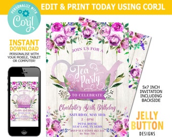 Girls Birthday Tea Party Invitation, Adult Tea Party Invitation, Editable Instant Download Template