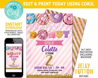 Donut Birthday Party Invite, Donut Grow Up Birthday Invitation, Doughnut Girls Invite, Editable Instant Download