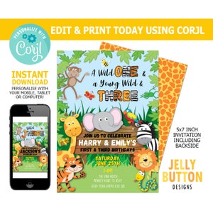 Wild One and Young Wild Three Jungle Einladung, Safari Editierbare Einladung, Safari Party, Dschungel Geburtstag, Tier Einladung, INSTANT DOWNLOAD