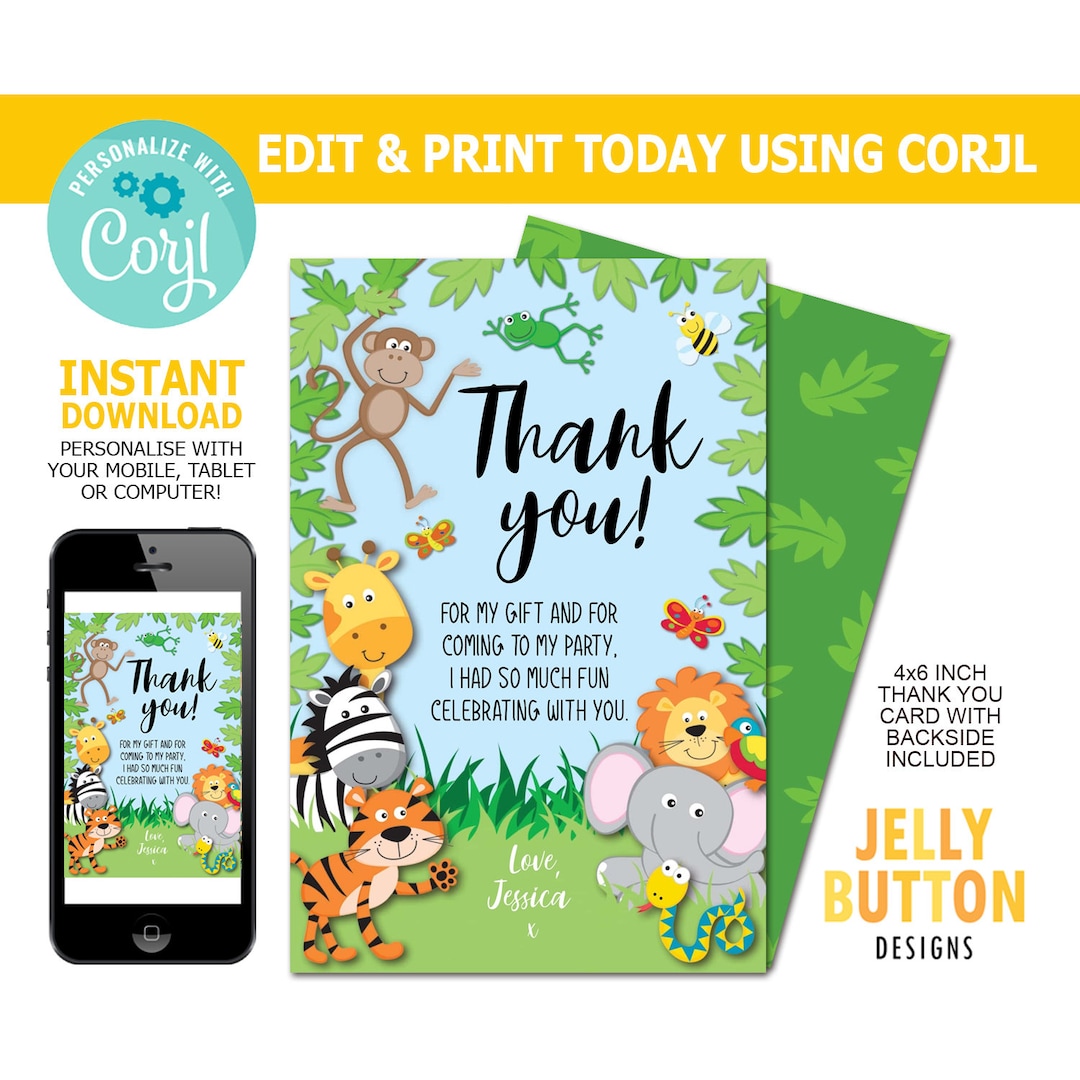 Jungle Thank You Card Thank You Party Card Safari Thank You Etsy