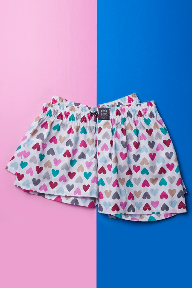 Couple cotton sleeping shorts boxers COLOUR HEARTS his hers
