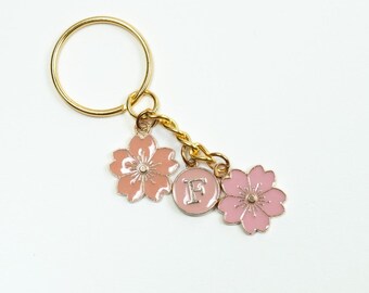 Pink Floral Initial Charm Keychain – Personalized Flower Bag Accessory