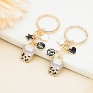 Pink Purple Boba Milk Tea Personalized Initial Keychain With Heart Star Charm Car Key Accessory Bridesmaid Birthday Gift