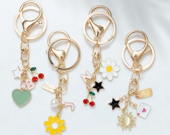 Girly Dangle Keychain Custom Initial With Flower-Star-Cherry-Envelope-Heart Charm-Ideal Gift