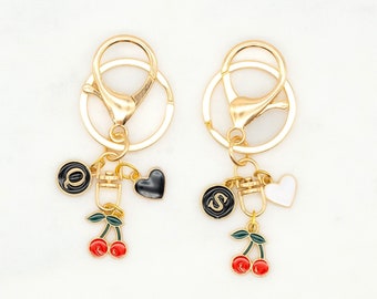 Personalized Cherries and Heart Charms Kawaii Keychain |Custom Initial | Purse Dangle Accessory | Best friend | Birthday Gift