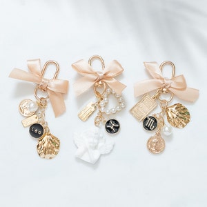 Gold Zodiac Dainty Aesthetic Keychain Baby Angel-Heart-Pearl-Shell-Gold Plate Charm Purse Accessory Bridesmaid |Birthday Gift