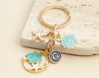 Beach Themed Keychain with Starfish, Seashell, Pearl Charms | Initial Bag Charm | Personalized Name | Christmas Gift for Friends