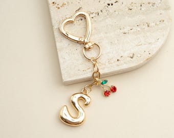 Gold Bubble Letter Bag Charm, Rhinestone Cherry Keyring, Heart Clasp, Christmas Gift for Friends, Holiday Suprise Gift