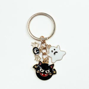 Custom Black Cat Keychain, Ghost Spider Halloween Charm, Spooky Season Bag Charm, Personalized Initial Charm