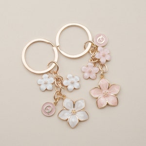 Cherry Blossom Pink/White Flower Charms Keychain with Custom Name Initial