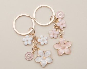 Cherry Blossom Pink/White Flower Charms Keychain with Custom Name Initial