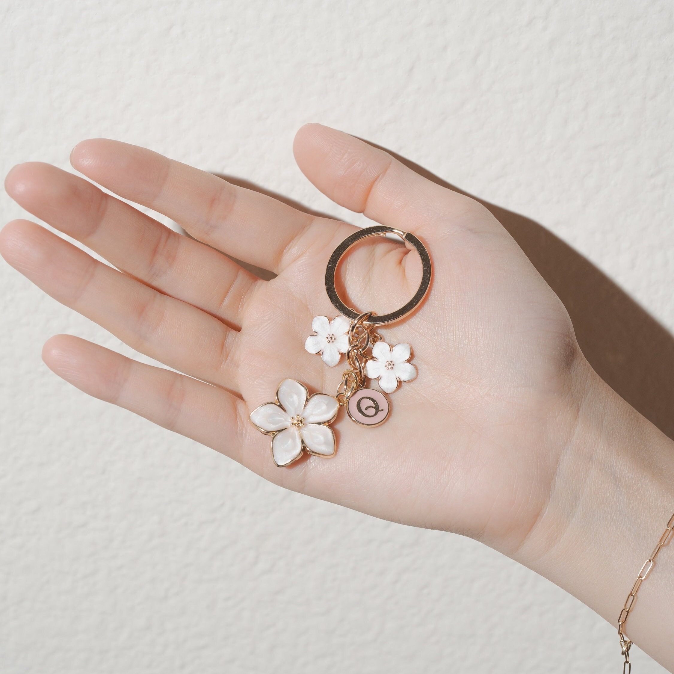 Cherry Blossom Pink/White Flower Charms Keychain with Custom Name Initial