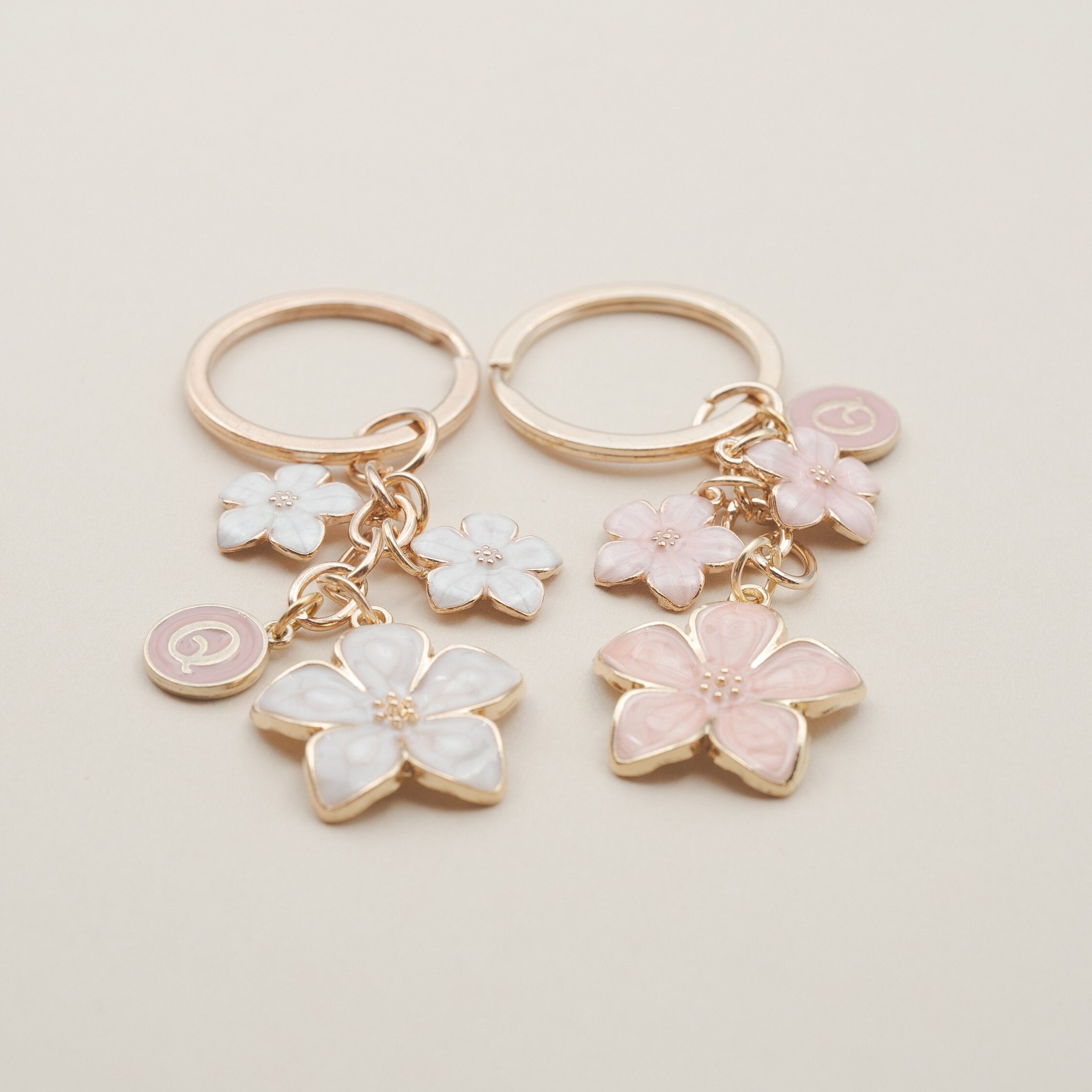 Cherry Blossom Pink/White Flower Charms Keychain with Custom Name Initial