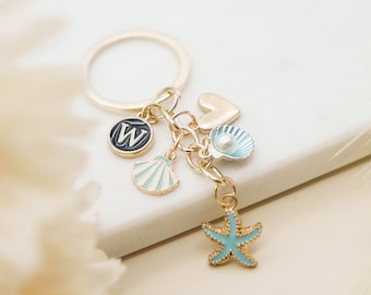 Ocean Keychain with Starfish, Seashell, Pearl Charms | Custom Initial | Purse Dangle Accessory | Best Friend | Birthday Gift