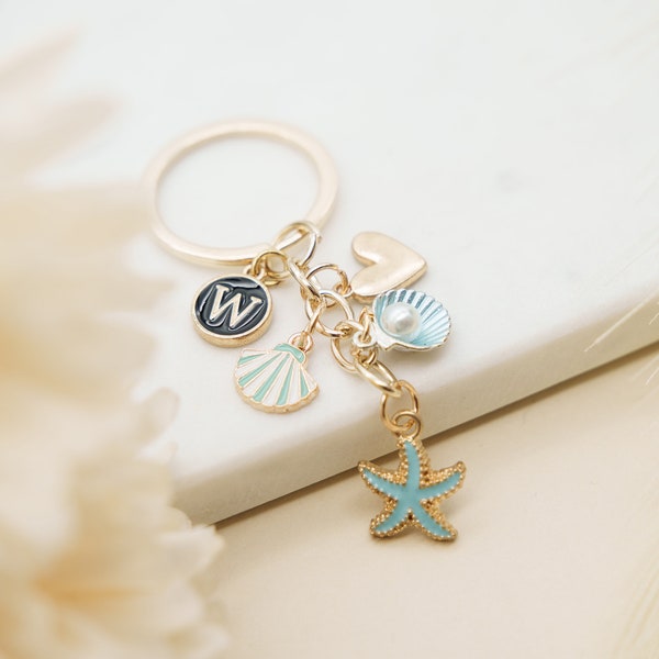 Ocean Keychain with Starfish, Seashell, Pearl Charms | Custom Initial | Purse Dangle Accessory | Best Friend | Birthday Gift