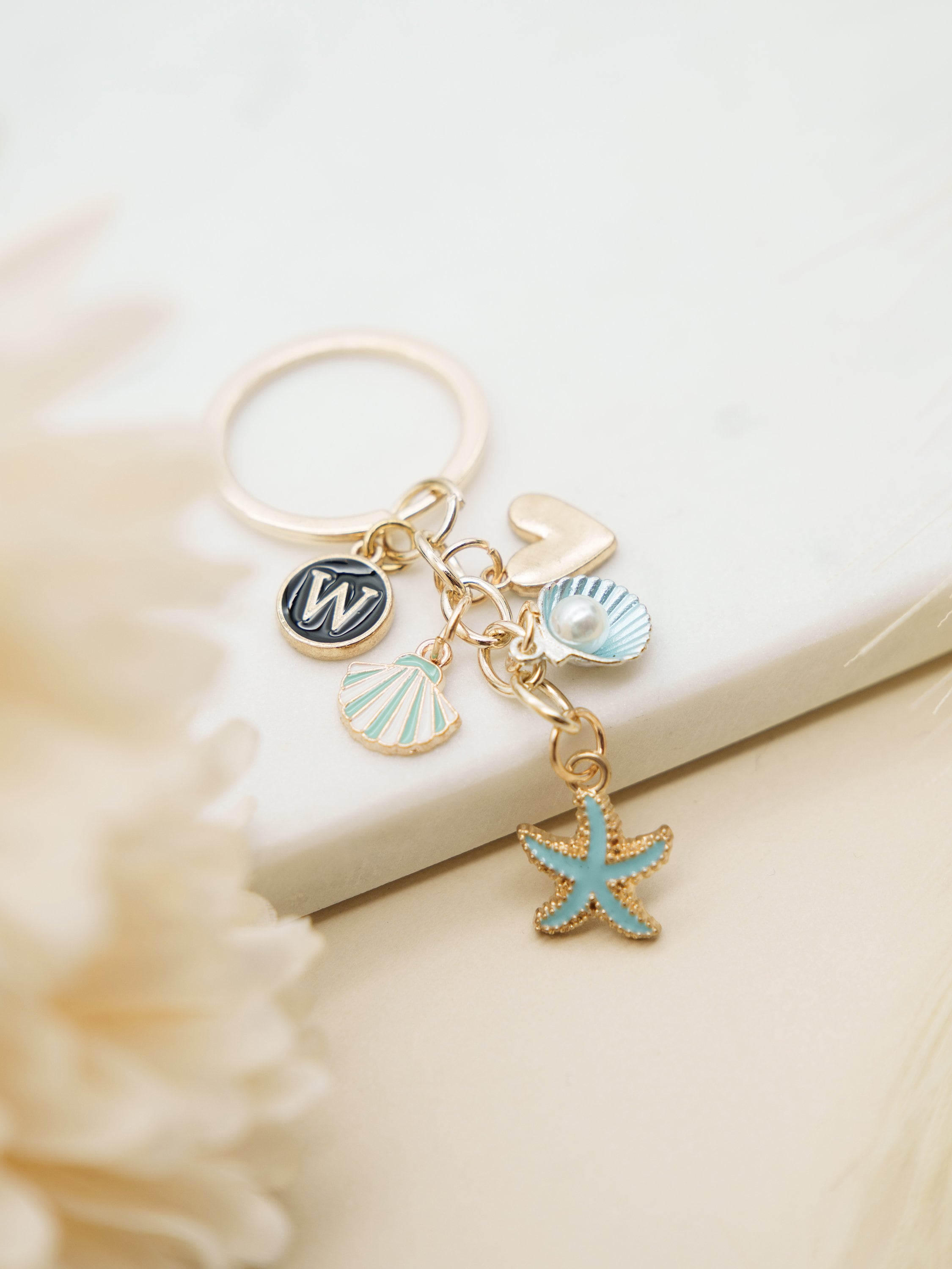 Ocean Keychain with Starfish, Seashell, Pearl Charms | Custom Initial | Purse Dangle Accessory | Best Friend | Birthday Gift
