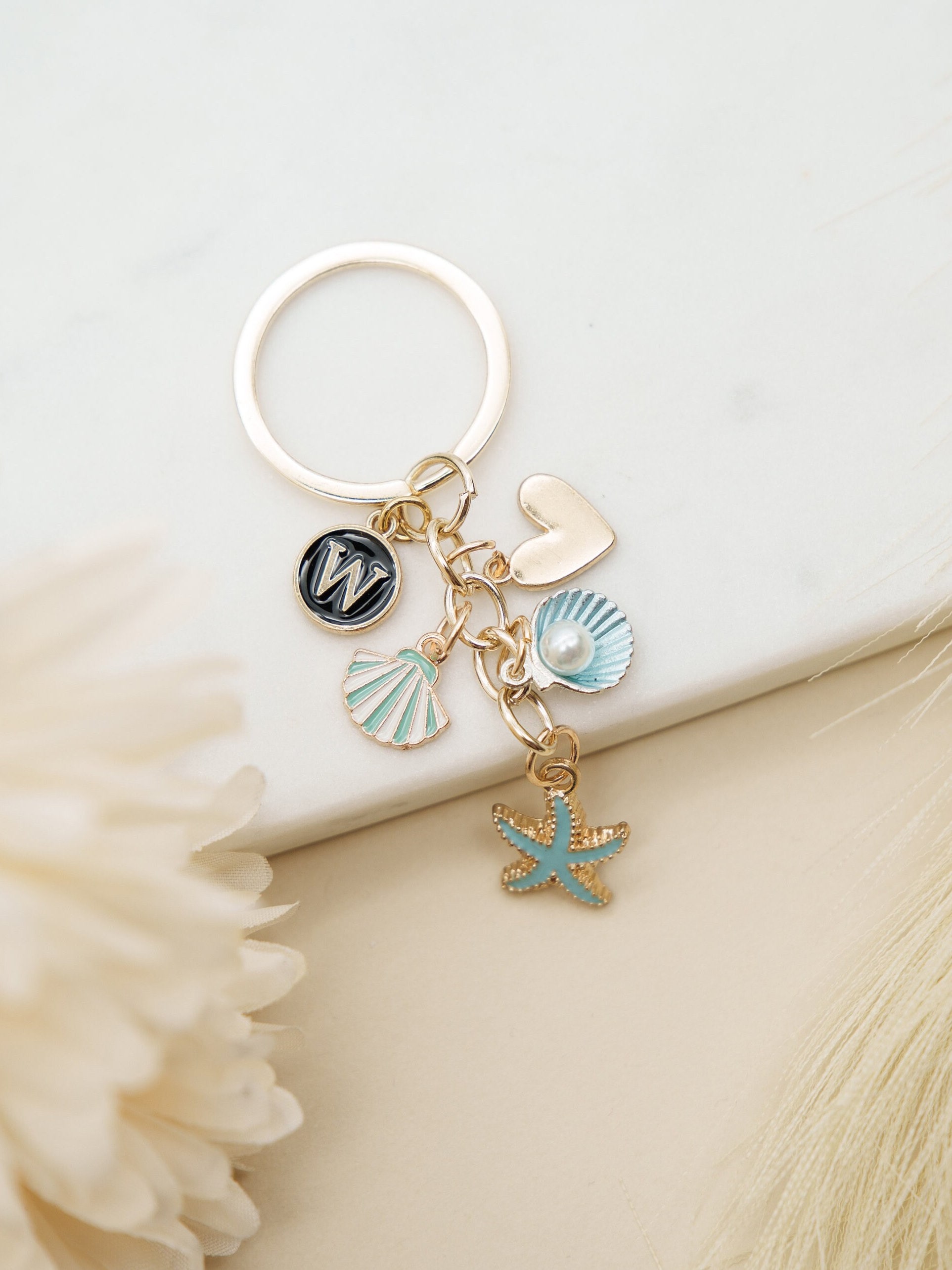 Ocean Keychain with Starfish, Seashell, Pearl Charms | Custom Initial | Purse Dangle Accessory | Best Friend | Birthday Gift
