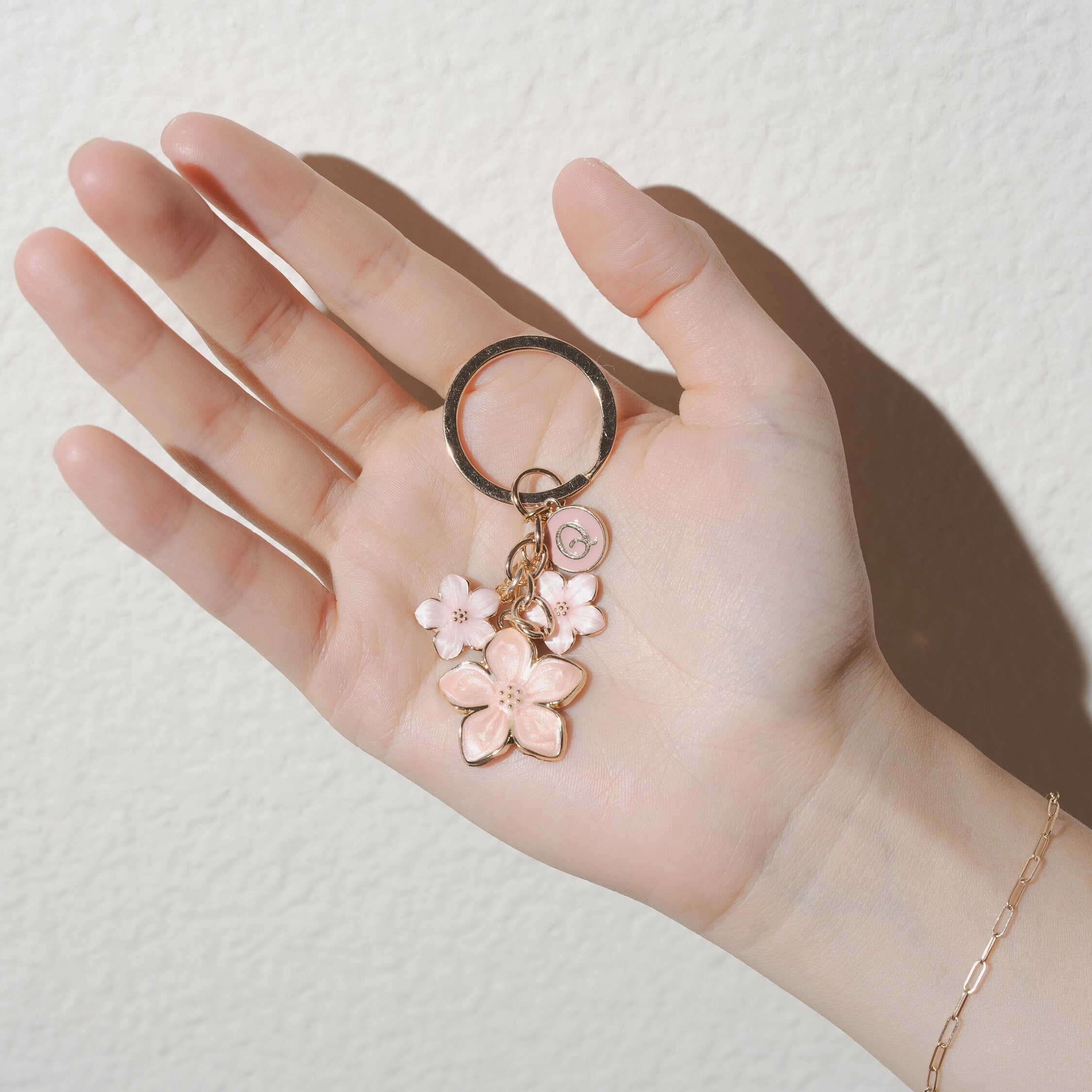 Cherry Blossom Pink/White Flower Charms Keychain with Custom Name Initial