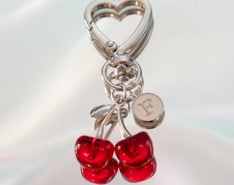 Cherry Keychain / Custom Initial Bag Charm / Y2K Aesthetic Purse Accessory / Silver Heart Cherry Keyring / Personalized Cute Gift