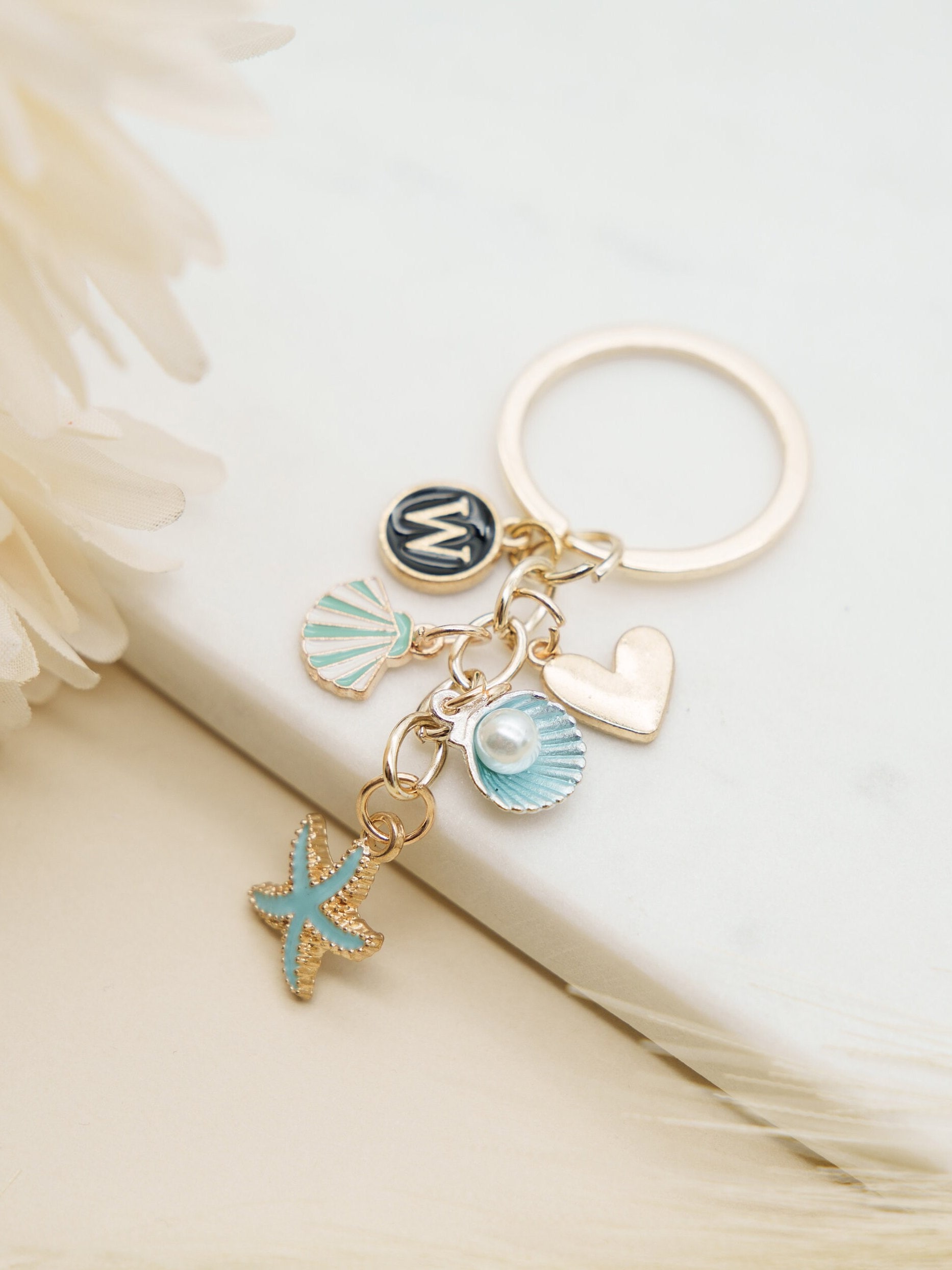 Ocean Keychain with Starfish, Seashell, Pearl Charms | Custom Initial | Purse Dangle Accessory | Best Friend | Birthday Gift