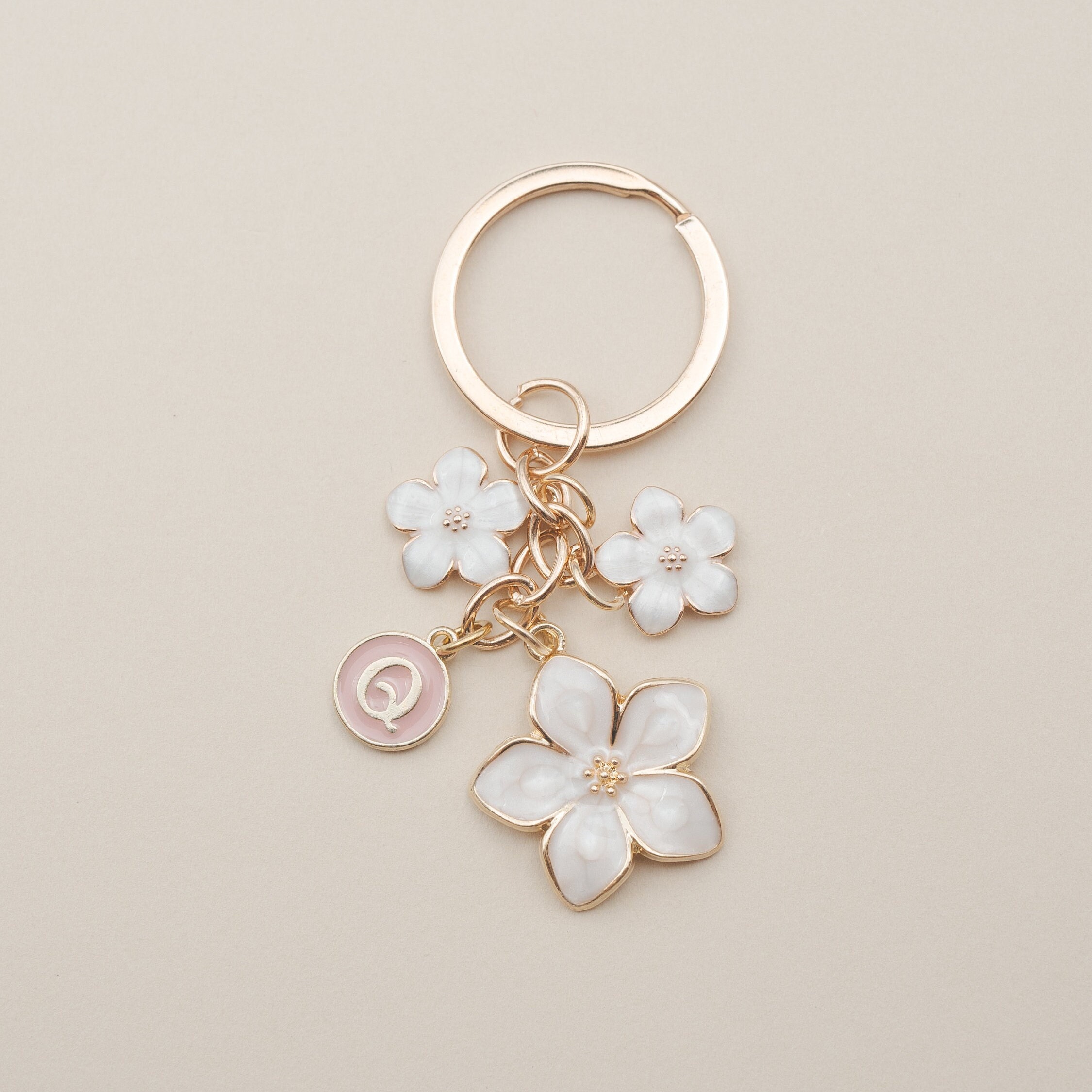 Cherry Blossom Pink/White Flower Charms Keychain with Custom Name Initial