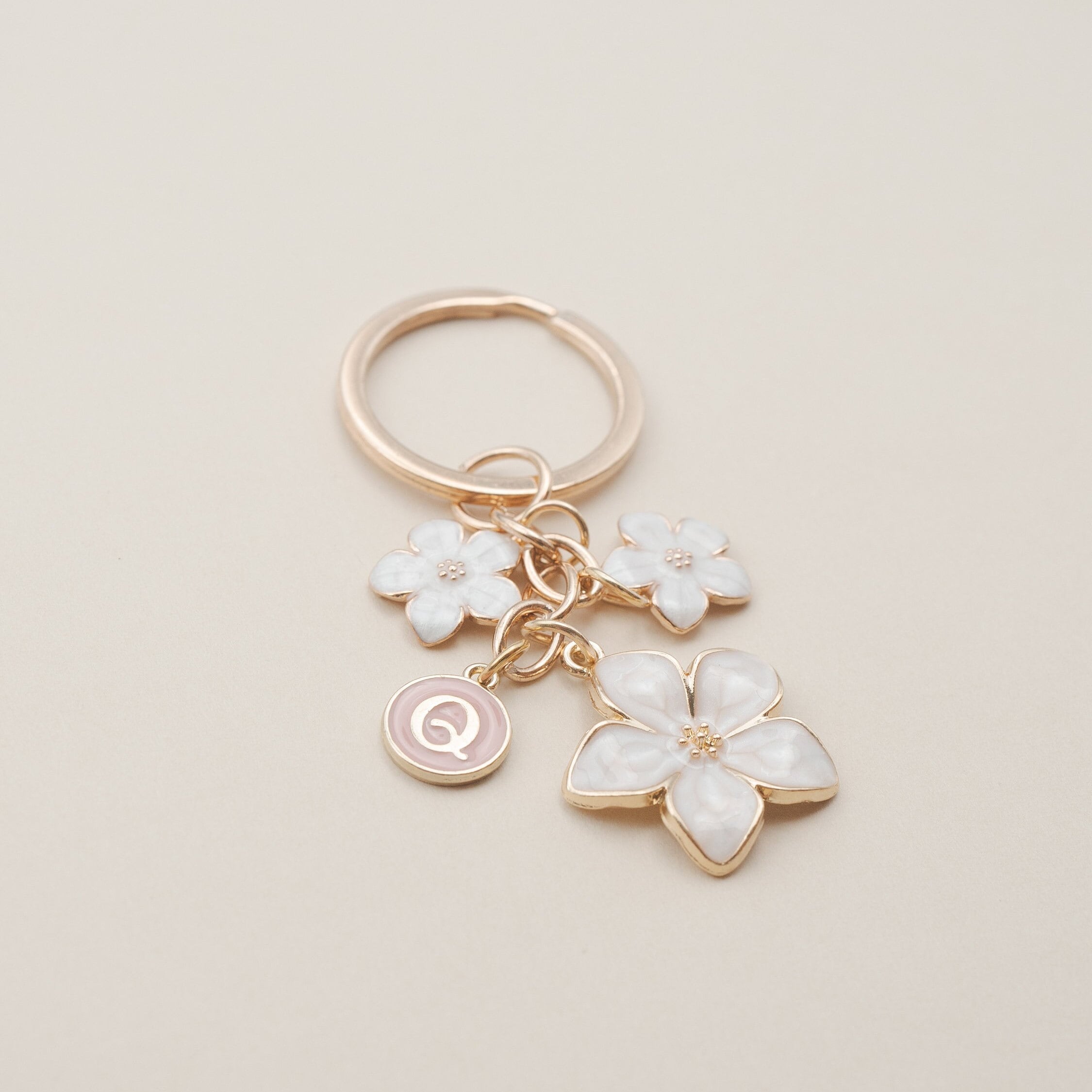 Cherry Blossom Pink/White Flower Charms Keychain with Custom Name Initial