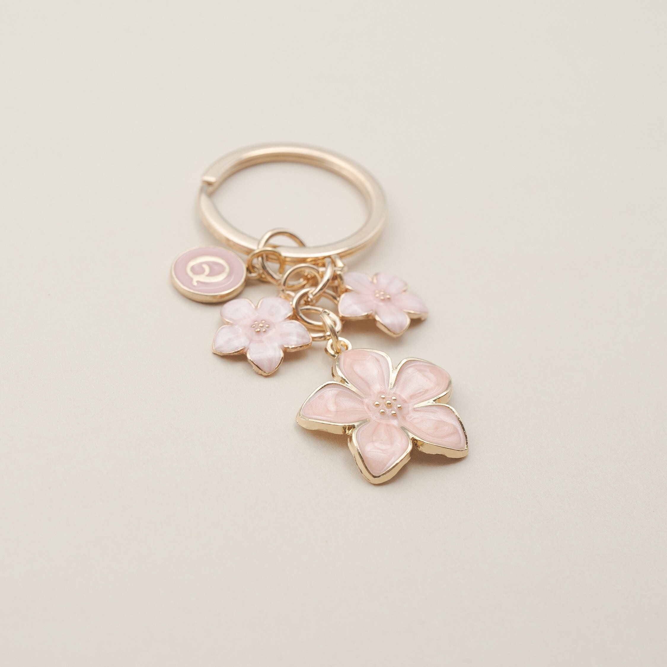 Cherry Blossom Pink/White Flower Charms Keychain with Custom Name Initial