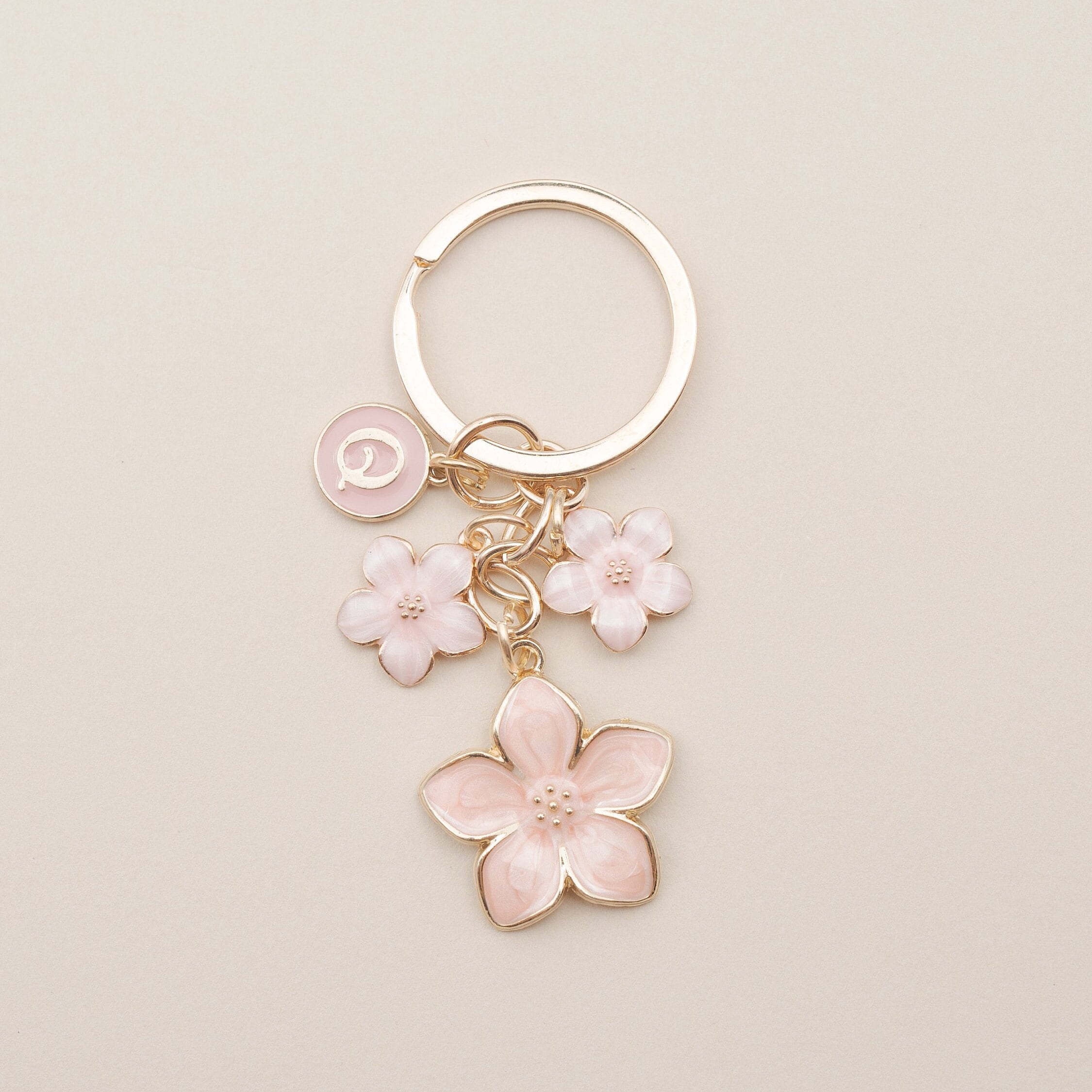 Cherry Blossom Pink/White Flower Charms Keychain with Custom Name Initial