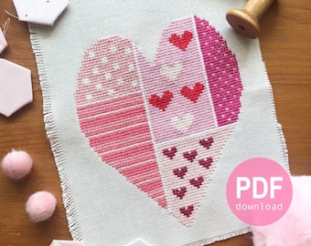 Valentine's day Cross stitch pattern Heart PDF Instant Download Chart Love Cute Pink Quilt Pretty Be my Valentine Princess pink hearts