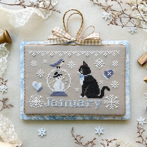 January 2025 Kitty Calender Series Winter New Year Tuxedo cat snowflakes snowman winter wonderland christmas includes printable calender
