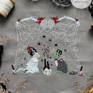 Til Death Do Us Part Halloween wedding sampler Frankenstein and bride cross stitch modern chart black cat spooky October 31st
