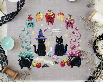 Zaubertränke Halloween Kreuzstich Stickmuster Stickvorlage Zaubertränke Halloween schwarze Katzen pdf Kreuzstichvorlage