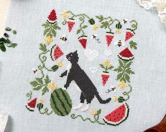 PDF Cross stitch pattern chart Tuxey Tuxedo Cat cross stitch watermelon spring summer sampler modern design cross stitich