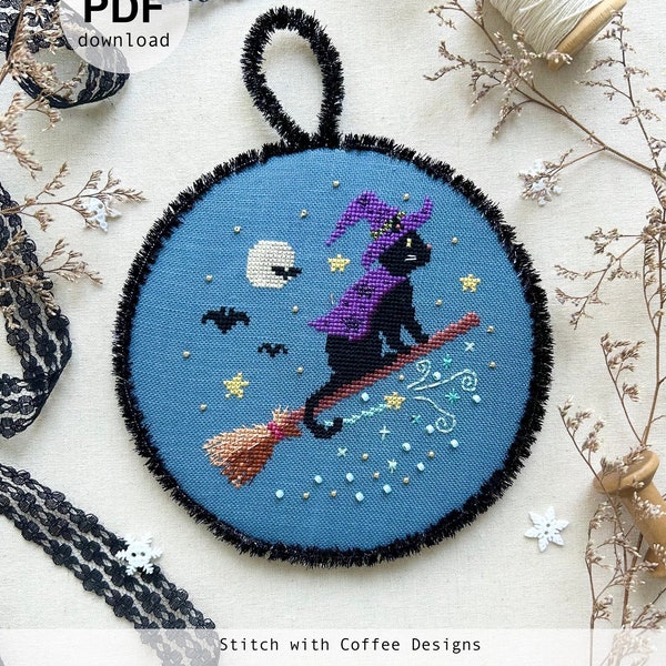 Fright Night Series 1 Witchy Halloween Cat Cross stitch pattern Instant PDF Download Flying witch broomstick