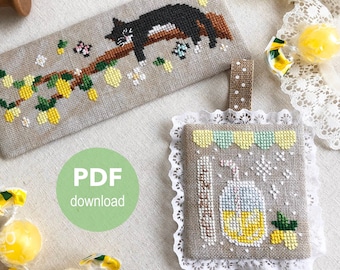 Cat cross stitch pattern chart PDF downloads March Lemon Lemonade stand Lemon Tree Pastel Yellow Green Spring modern design Tuxey Series