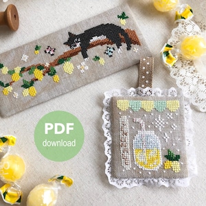 Kattenkruissteekpatroonkaart pdf-downloads maart citroenlimonadestandaard citroenboom pastel geelgroen lente modern design smoking serie
