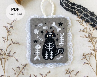 Skeleton Cat Halloween Cat Costume cross stitch modern chart pattern skeleton black cat bones skulls halloween cross stitch pattern ornament