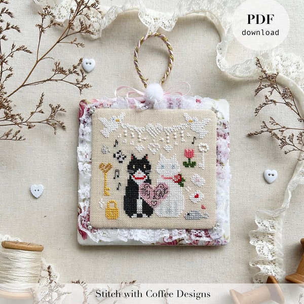 Purr-fect Love by Stitch with Coffee Designs Valentine's Day Tuxedo Cat Cross stitch pattern PDF Cross stitch Instant download Couple Love