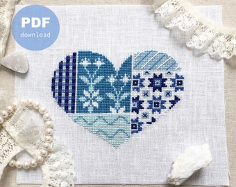 Cross stitch PDF download chart pattern Blue Quilt Heart Cross stitch chart Quilt inspired cross stitch chart Heart shades of blues