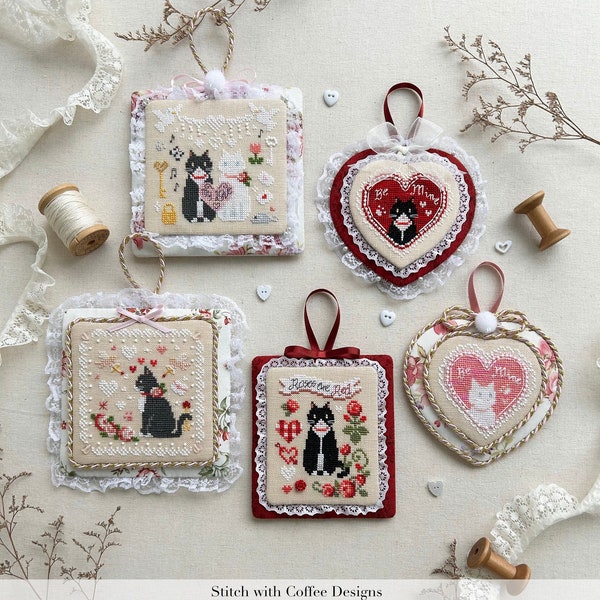 10 % off all 2024 Valentine's Day Set of 5 by Stitch with Coffee Designs Valentine's Day Cross stitch pattern PDF download Tuxey Series