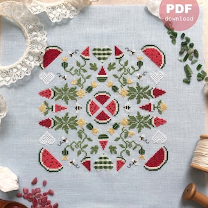 PDF Download cross stitch chart pattern watermelon mandala watermelon heaven sampler modern shabby chic cottage core cross stitch summer