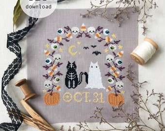 Trick or Treat 2022 Halloween cross stitch modern chart black cat spooky ghost skeleton costume October 31st pumpkins skulls candy corn