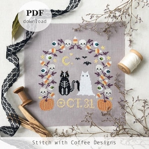 Trick or Treat 2022 Halloween cross stitch modern chart black cat spooky ghost skeleton costume October 31st pumpkins skulls candy corn