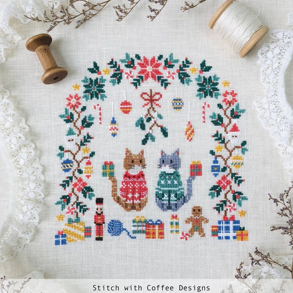 Under the Mistletoe Christmas Cross stitch chart Cat Cross stitch pattern X-MAS gifts December Mistletoe Modern Cross stitch chart