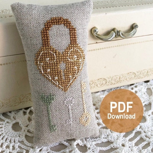 Valentine's day Cross stitch pattern Key to my Heart Cross Stitch PDF Instant Download Chart Primitive Style Antique Lock and Key Mini Cute