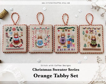 10% OFF Orange Tabby Set Christmas Sweater Series PDF INSTANT Downloadable/Stockings Oranments Candy Canes Presents StitchwithCoffee Designs